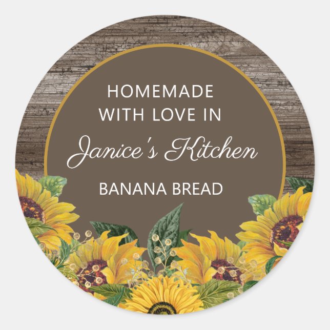 Homemade with Love Yellow Sunflowers Rustic Wood Classic Round Sticker (Front)