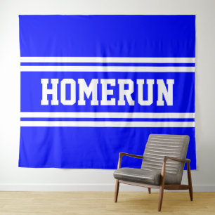 HOMERUN Bright Blue White Baseball Racing Stripes Tapestry