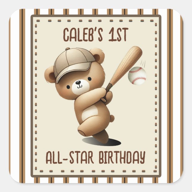 Homerun Hitter Stripe Baseball Bear 1st Birthday  Square Sticker (Front)