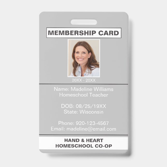 Homeschool CO-OP Adhésion Grey Parent ID Badge (Front)