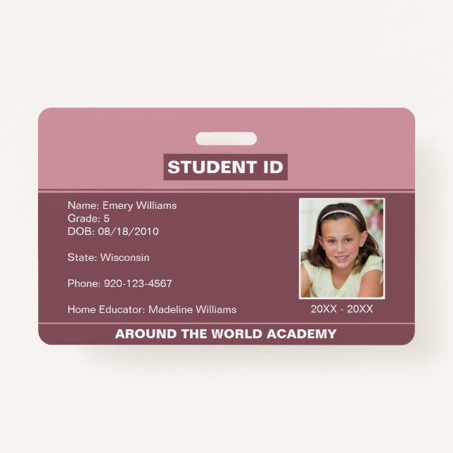 Homeschool Student ID Blush Pink Badge (Front)