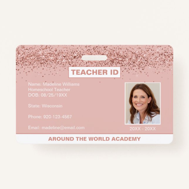 Homeschool Teacher ID Rose Gold Glitter Badge (Front)