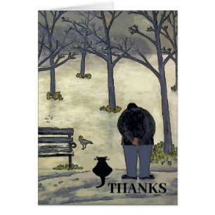Homme dans le parc, chat et oiseau, Merci