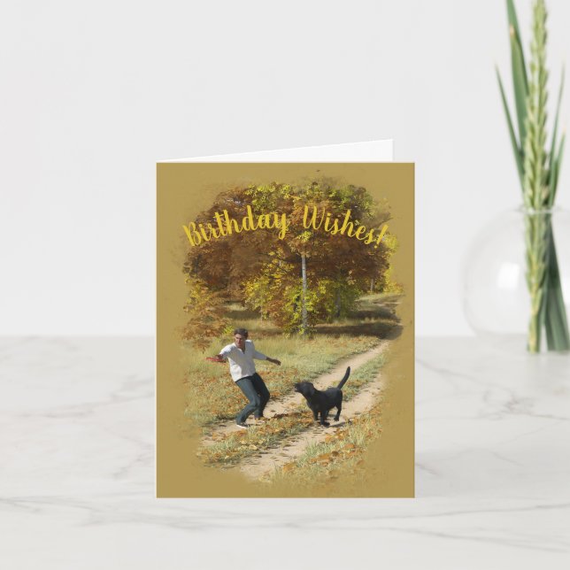 Homme et chien Jouer Frisbee Carte d'anniversaire (Devant)