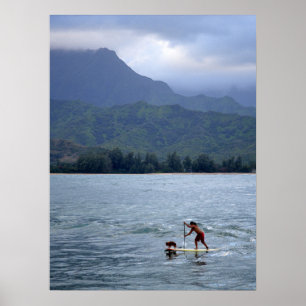 Homme et chien sur le tableau de bord dans la baie