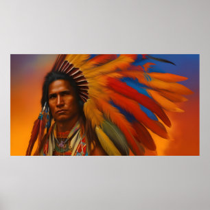 Homme Indien d'Amérique plumes Affiche Vintage