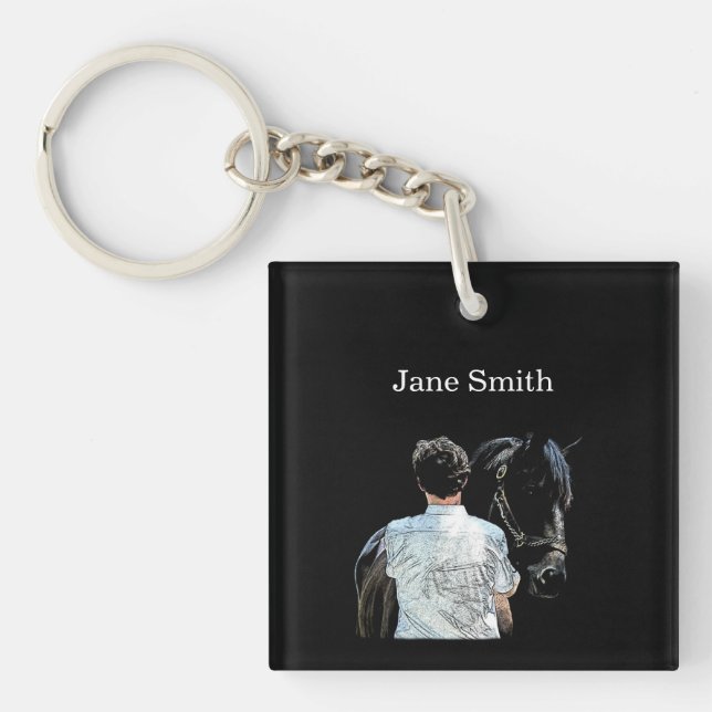 Homme tenant Cheval Porte - clé acrylique foncé (Devant)