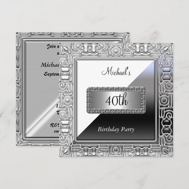 Hommes 40e anniversaire de fête Invitation Argent  (Devant / Derrière)
