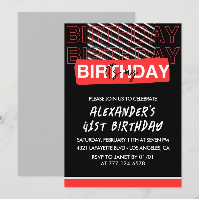 Hommes 41e anniversaire invitations de fête Noir R (Devant / Derrière)