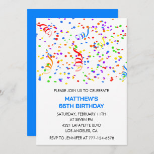 Hommes 66e anniversaire invitations Rainbow Confet