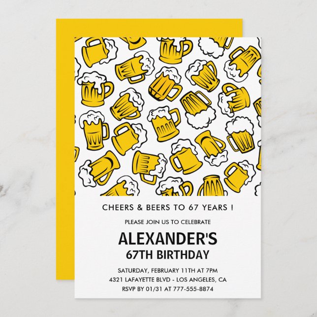 Hommes 67e anniversaire invitations Cheers et bièr (Devant / Derrière)