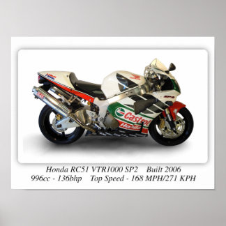 Honda RC51 VTR1000 SP2 Castrol Motorcycle - A3 Poster