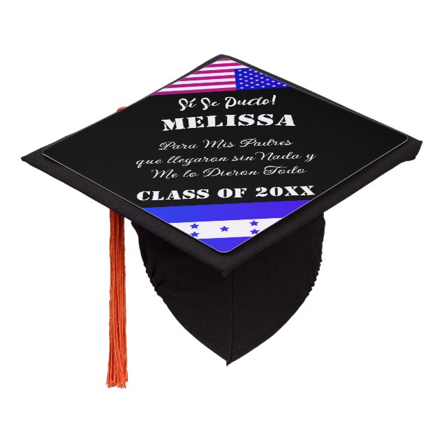 Honduras flag and USA flag Spanish Custom quote Graduation Cap Topper (Angled)