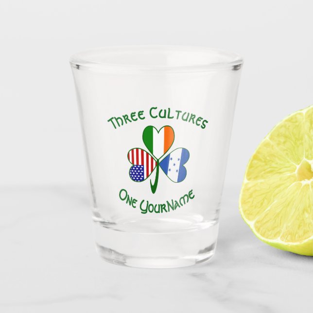 Hondúras Ireland USA Shamrock Flag Personalized  Shot Glass (Front)