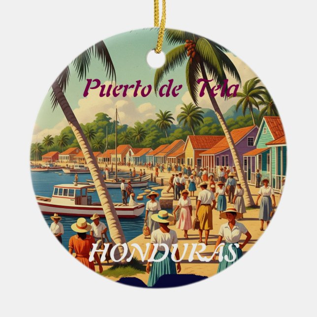  Honduras Puerto Tela Retro poster Ceramic Ornament (Front)