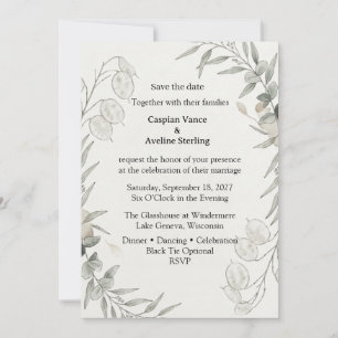 Honesty Plant, Eucalyptus Foliage, Botanical Line Invitation