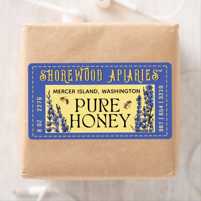 Honey 2" x 3.75" Lavender and Yellow Bee Label (Insitu)