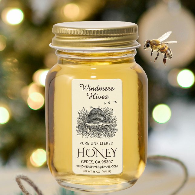 Honey Address Label Vintage Skep with bees (Creator Uploaded)
