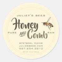 Honey and Comb Label Flying Bee on Ivory
