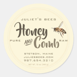 Honey and Comb Label Flying Bee on Ivory