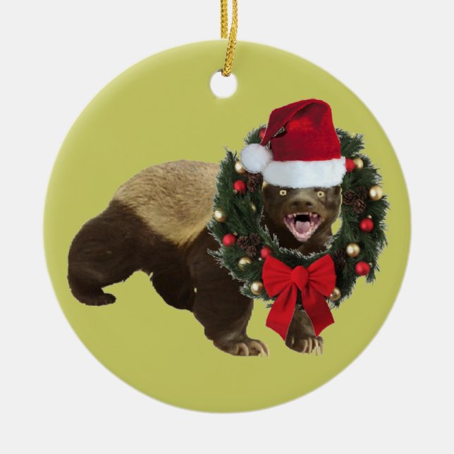 Honey Badger Santa Hat Christmas Tree Ornament (Front)