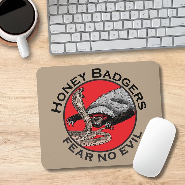 Honey Badgers Fear no Evil Badass Quote Mouse Pad (Funny honey badger quote mouse mat with honey badger and cobra snake illustration )