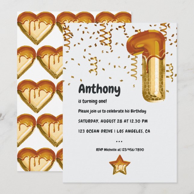 Honey Balloon 1st Birthday Invitation (Front/Back)