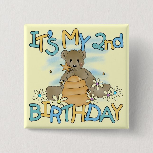 Honey Bear 2nd Birthday T-shirts and Gifts 2 Inch Square Button (Front)