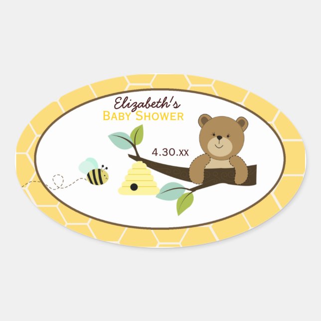 Honey Bear and Bee Custom Oval Favour Sticker (Front)