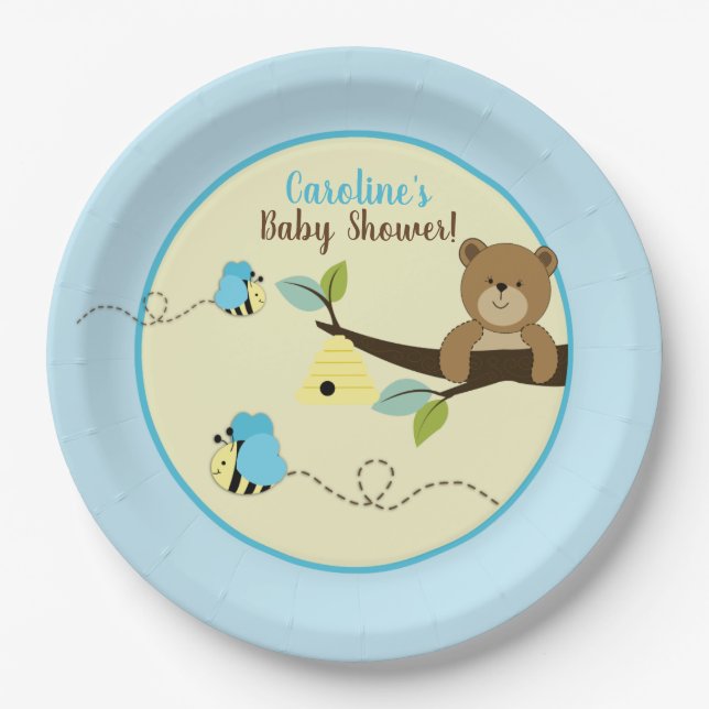 Honey Bear and Blue Bumble Bees Party Plates (Front)
