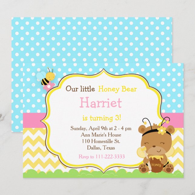 Honey Bear and Bumble Bee Birthday Invitation (Front/Back)