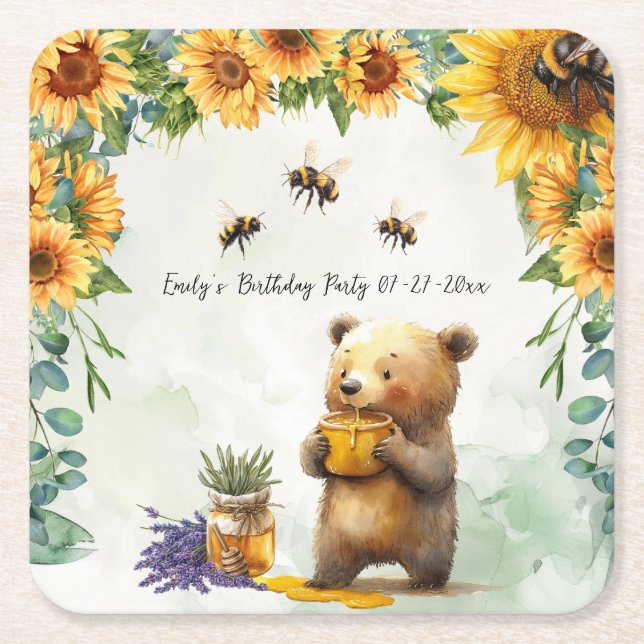 Honey Bear Birthday Party Cake Paper Plates Square Paper Coaster (Front)