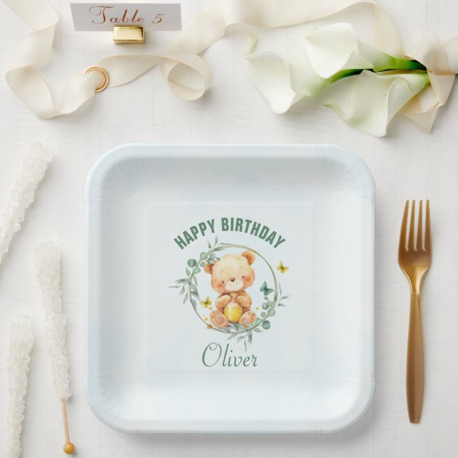 Honey Bear Cute Greenery Boy Happy Birthday Paper Plate (Wedding)