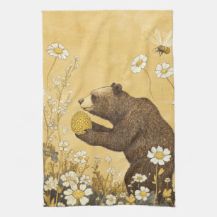 Honey Bear in Wildflower Meadow Kitchen Towel