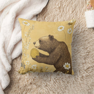 Honey Bear in Wildflower Meadow Throw Pillow