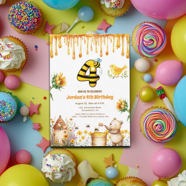 Honey Bear Invitation de fête de 4e anniversaire (Créateur téléchargé)