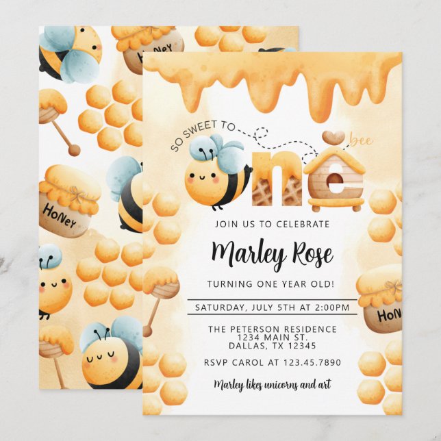 Honey Bee 1er Anniversaire Fête Invitation (Devant / Derrière)