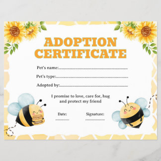 Honey bee adopt a pet certificate editable flyer