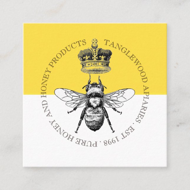 Honey Bee And Crown Golden And White Square Business Card (Front)