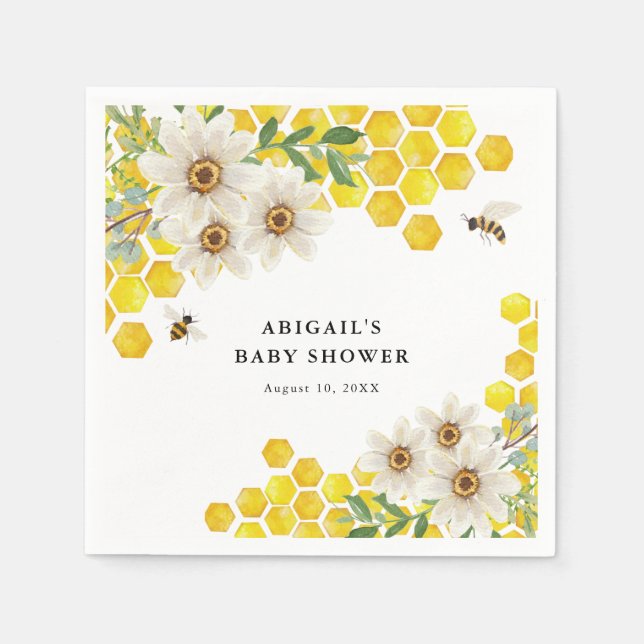 Honey Bee and Daisies Personalized Baby Shower Napkin (Front)