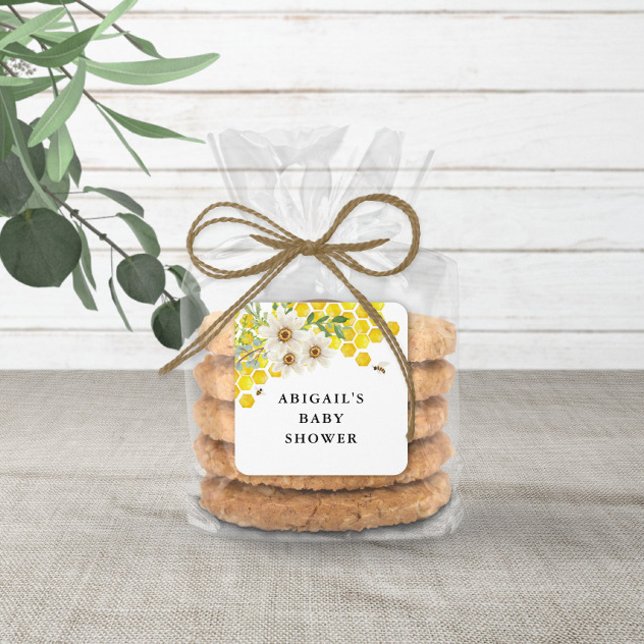 Honey Bee and Daisies Personalized Favour Square Sticker (Creator Uploaded)