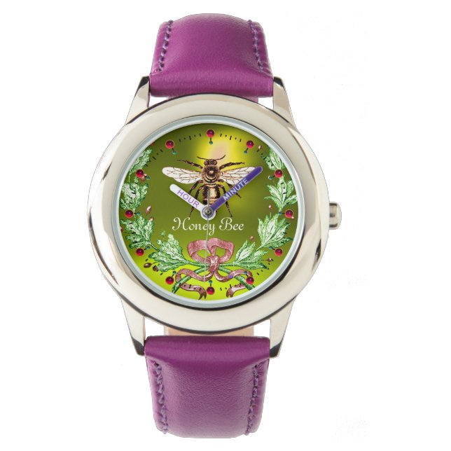 HONEY BEE AND GREEN FLORAL CROWN Beekeeper Yellow Watch (Front)