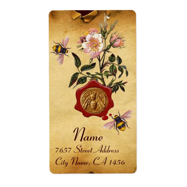 HONEY BEE AND WILD ROSES, BEEKEEPER RED WAX SEAL (Devant)
