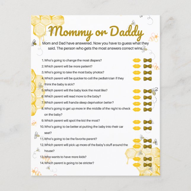Honey Bee Baby Shower Mommy or Daddy Game (Front)
