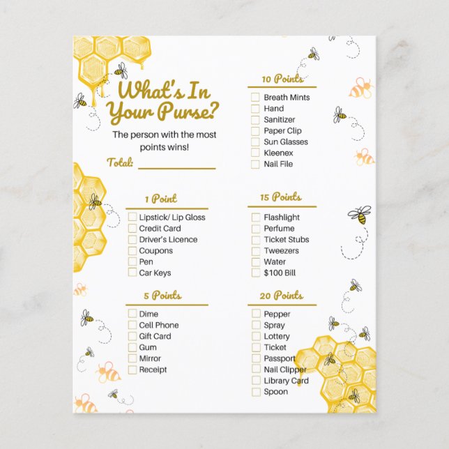 Honey Bee Baby Shower What's in Your Purse Game (Front)