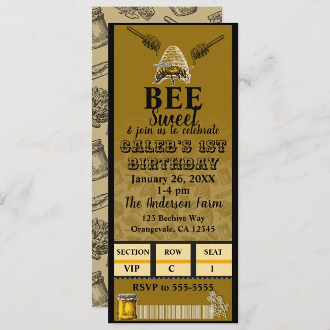 Honey Bee Beehive Birthday Party Event Ticket Invitation (Front/Back)