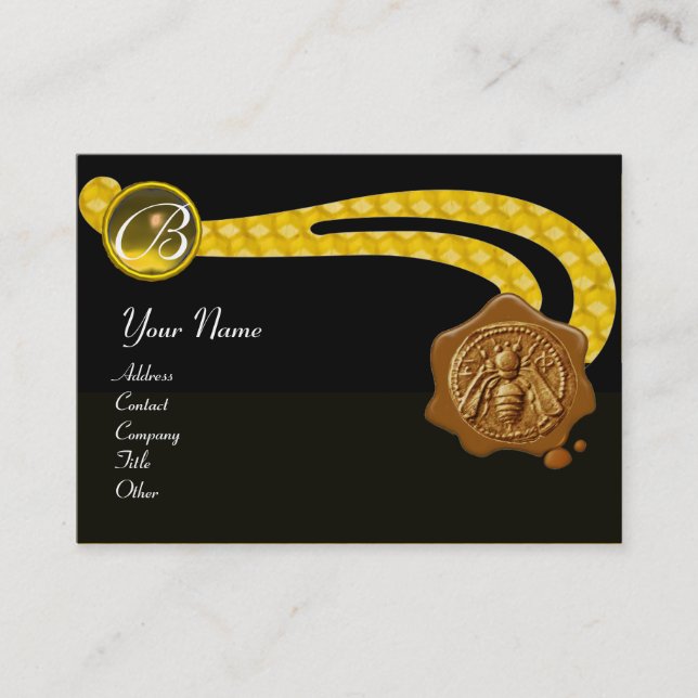 HONEY BEE,BEEKEEPER BROWN WAX SEAL MONOGRAM ,black Business Card (Front)