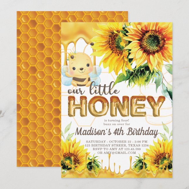 Honey Bee Birthday Sunflower Cute Invitation (Front/Back)