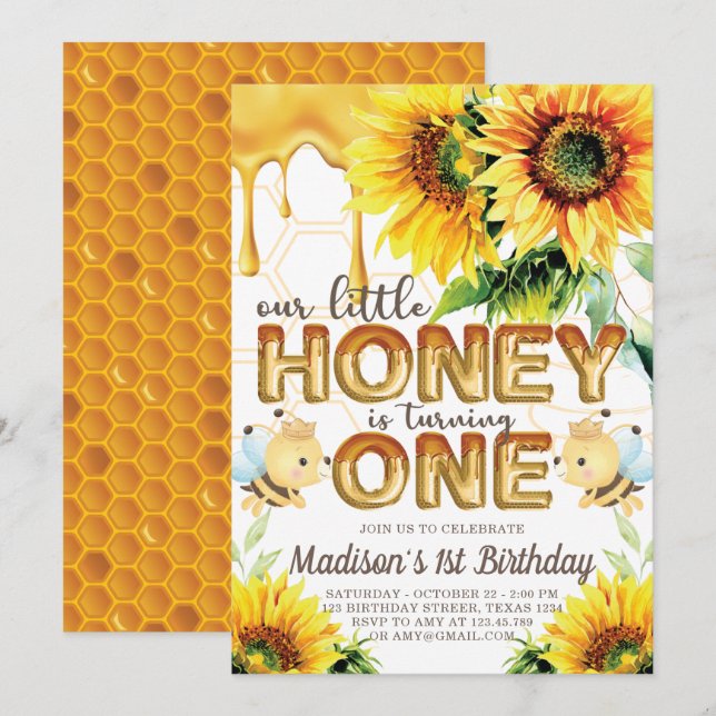 Honey Bee Birthday Sunflower First Birthday Invitation (Front/Back)