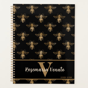 Honey Bee Black and Gold Personalized Monogram Planner